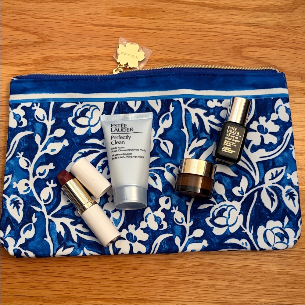 Estee Lauder Blue and White Floral Bag with Skincare and Lipstick bundle of 5